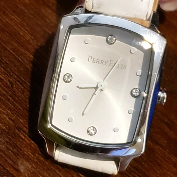 Perry Ellis White Leather Band Silver Rectangle Face Diamond Accent Wrist Watch main image 5